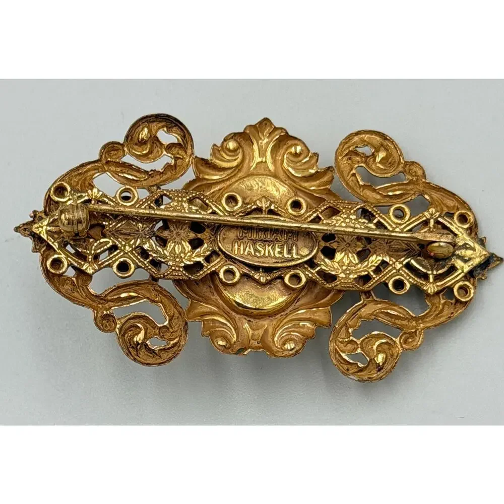 Miriam Haskell Faux Pearl, Russian Gilt Filigree Brooch Signed